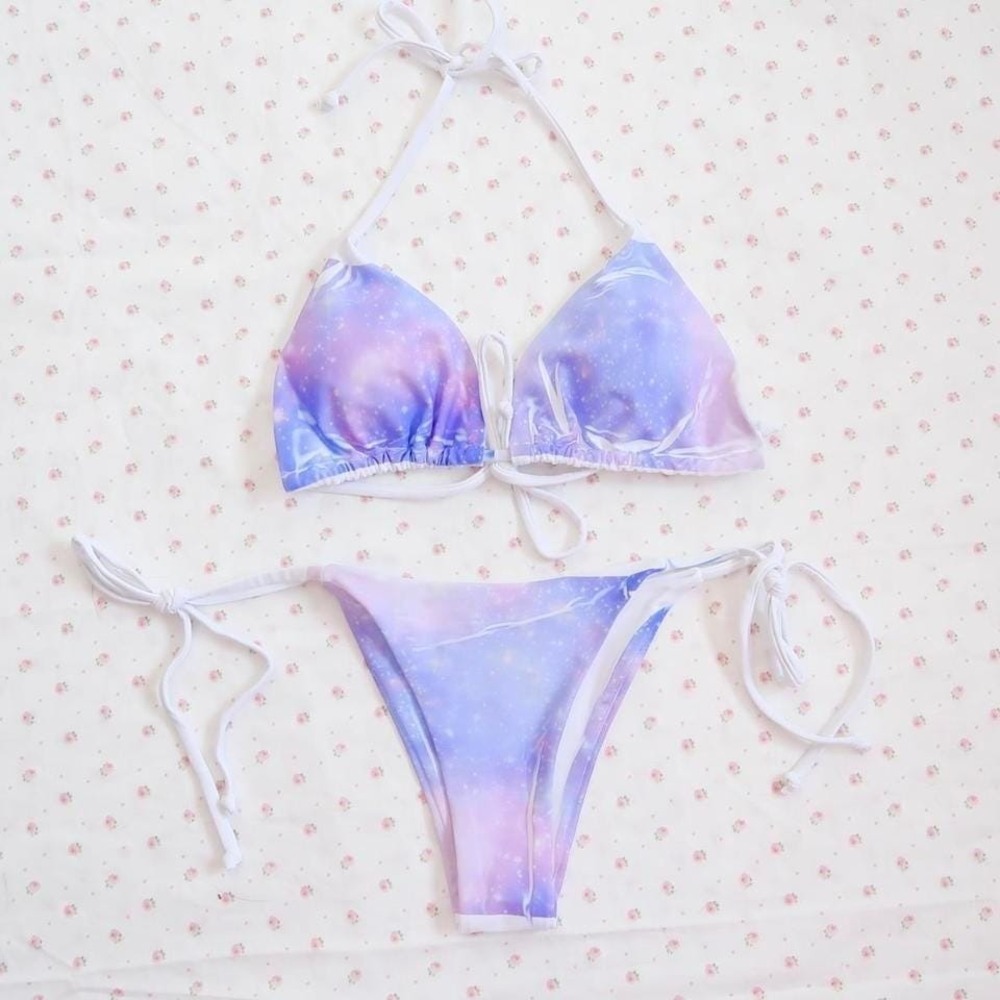 galaxy print string bikini pastel space swimsuit set